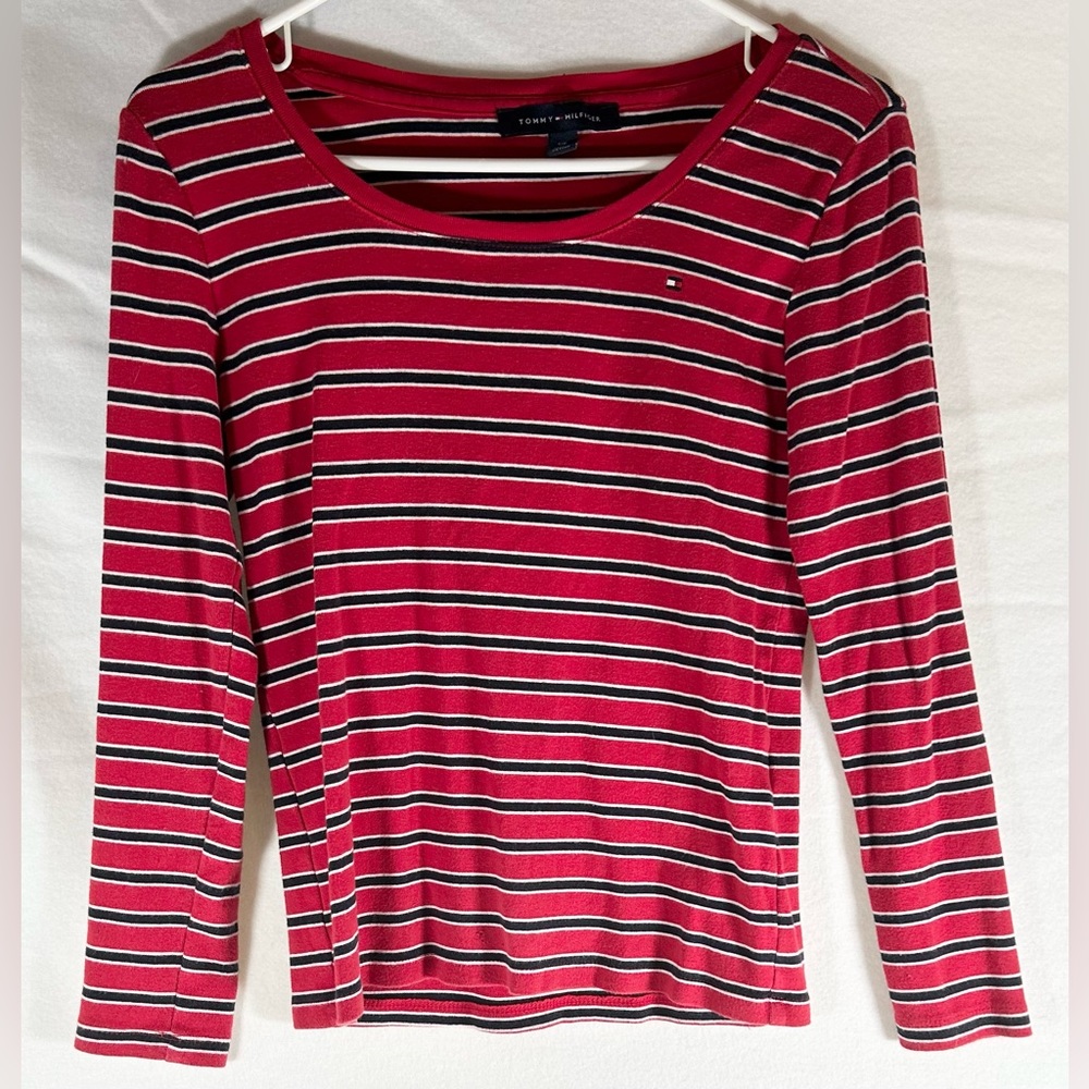 Two red Tommy Hilfiger shirts long sleeve and short sleeve